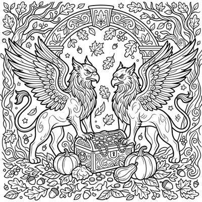 Journey into a realm of fantasy and fall with this intricate coloring page featuring two regal golden griffins. They stand watch over a bountiful treasure chest, nestled amidst the vibrant splendor of autumn's harvest.