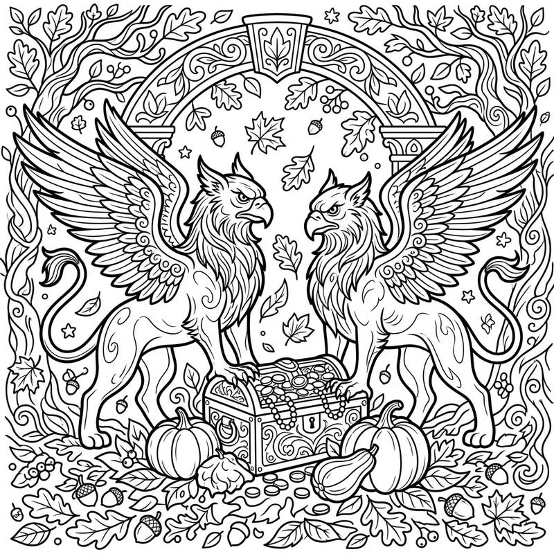 Journey into a realm of fantasy and fall with this intricate coloring page featuring two regal golden griffins. They stand watch over a bountiful treasure chest, nestled amidst the vibrant splendor of autumn's harvest.
