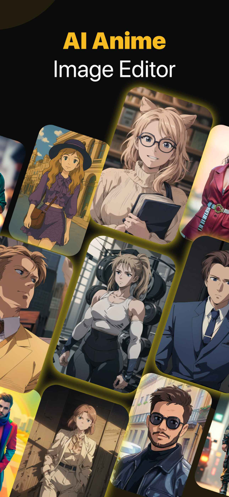 AI Anime Image Editor - Uma coleção de diversos avatares e personagens de anime gerados por IA em vários estilos