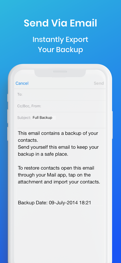 Easy Backup. - Smartphone-Bildschirm, der einen E-Mail-Entwurf mit einer Kontakt-Backup-Datei und Anweisungen zur Wiederherstellung zeigt