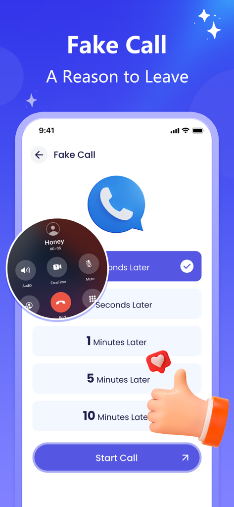Interface of the Pure Cleaner app showing the Fake Call feature with options to schedule a realistic incoming call to leave awkward situations.