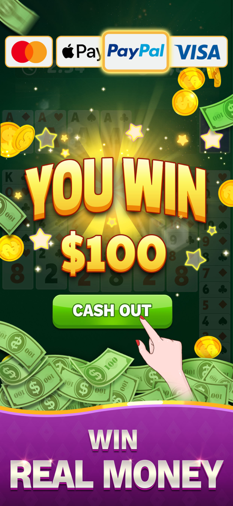 Solitaire of Cash - Solitaire of Cash winning screen showing a one hundred dollar prize and cash out button with payment icons like PayPal and Apple Pay
