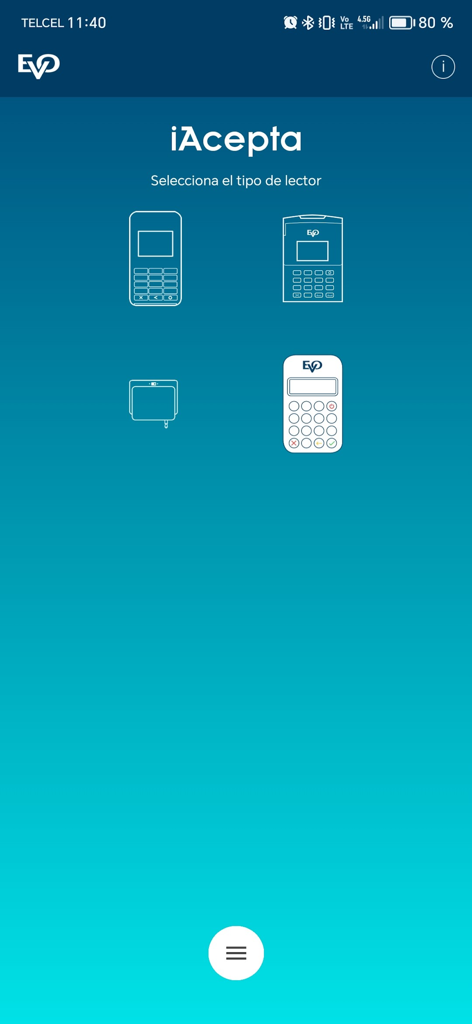 Pantalla de la aplicación iAcepta mostrando cuatro opciones diferentes de hardware de lector de tarjetas móvil para seleccionar