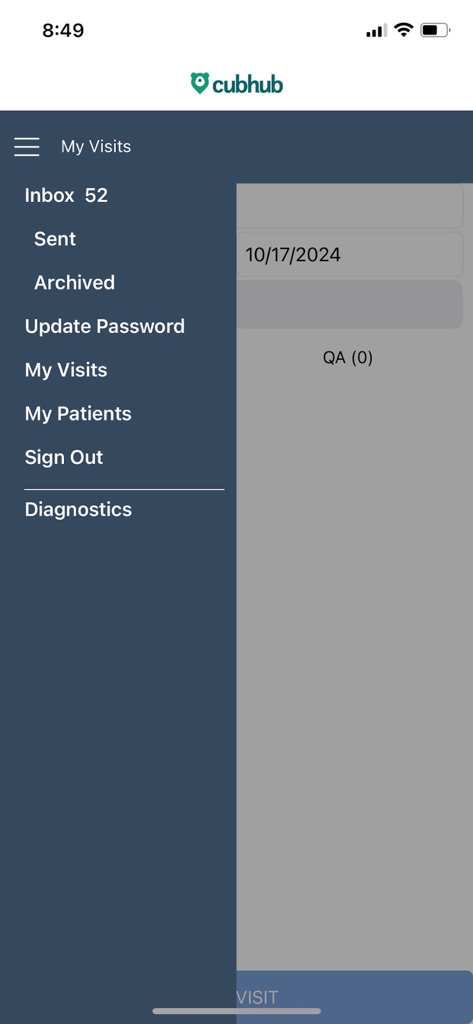 CubHub - Sidebar menu of the CubHub healthcare app showing options for visits and patients.