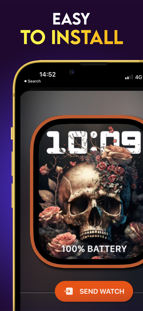 Pantalla de smartphone mostrando una esfera personalizada fácil de instalar para Apple Watch con un diseño de calavera y rosas.