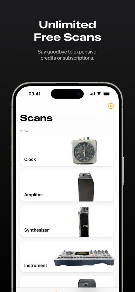 Orbit App-Oberfläche mit einer Liste von 3D-gescannten Objekten, einschließlich einer Uhr und eines Verstärkers, mit einer Überschrift für unbegrenzte kostenlose Scans