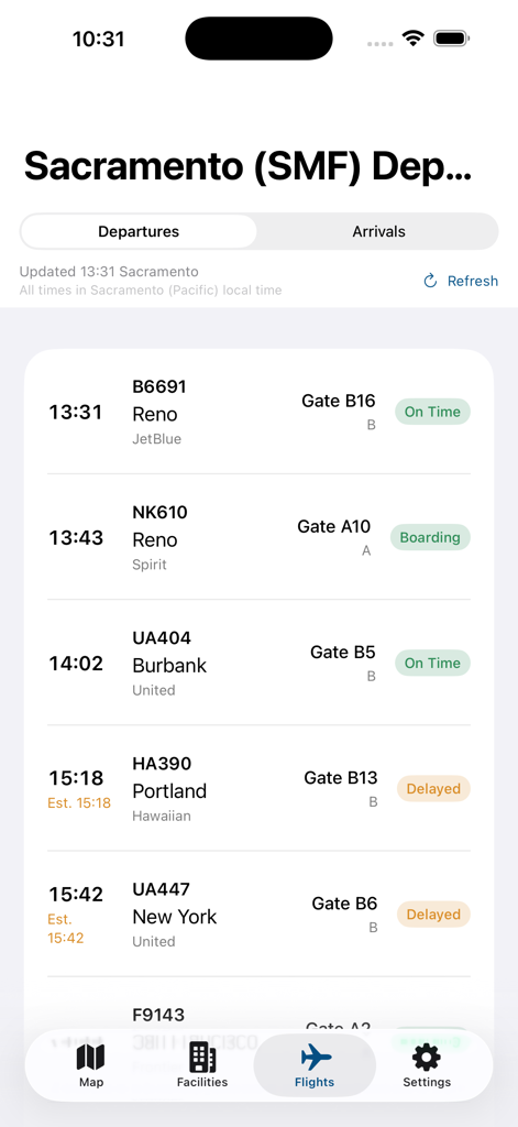 Sacramento Intl SMF Airport - Real-time flight departures screen for Sacramento International Airport showing flight numbers gates and status