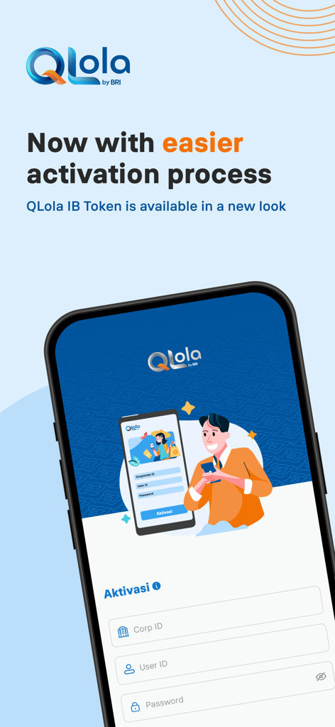 QLola IB Token - QLola IB Token app activation screen showing corporate login fields