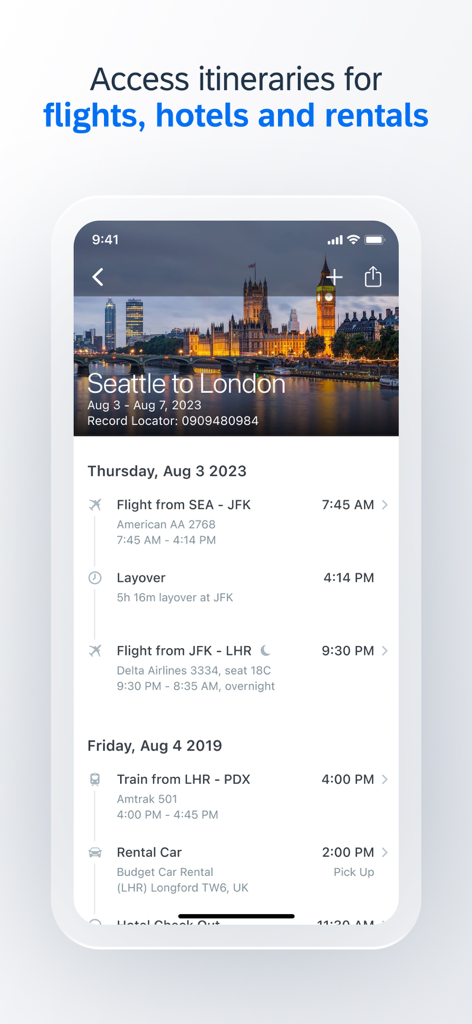 SAP Concur app screen showing a business travel itinerary from Seattle to London with flight and rental car details.