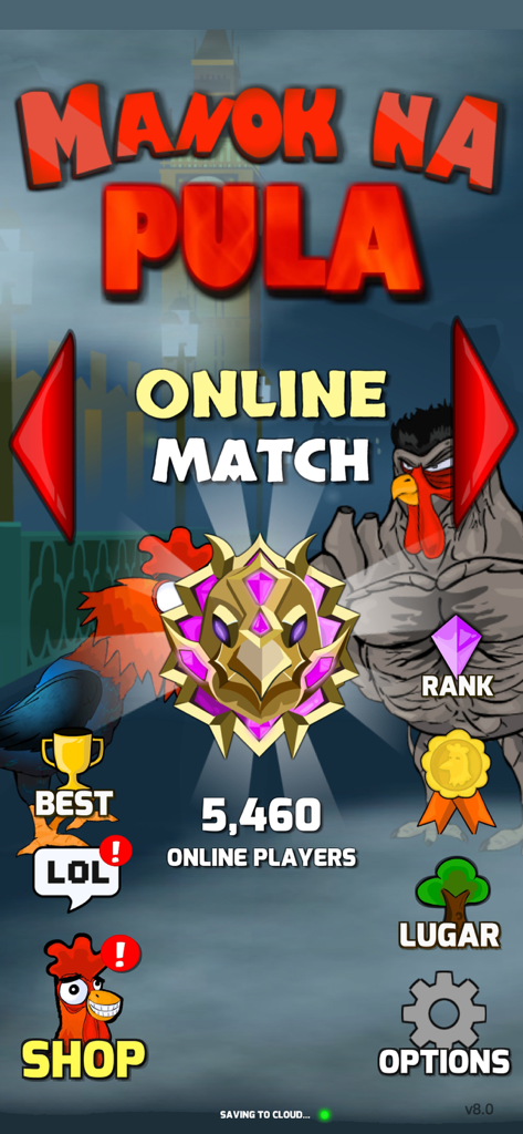 Manok Na Pula - Multiplayer - Main menu of the Manok Na Pula Multiplayer game featuring stylized fighting chickens.