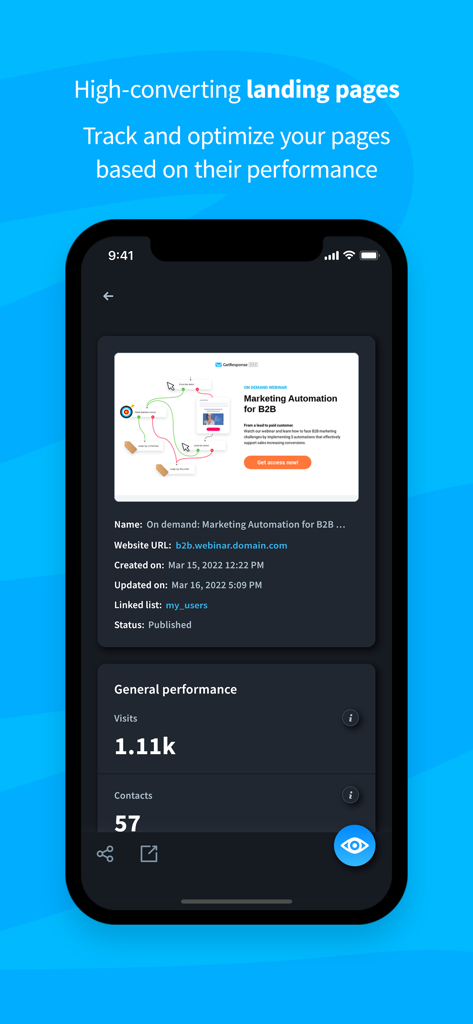 訪問数と連絡先コンバージョンを含むランディングページのパフォーマンス指標を表示するGetResponseモバイルアプリダッシュボード