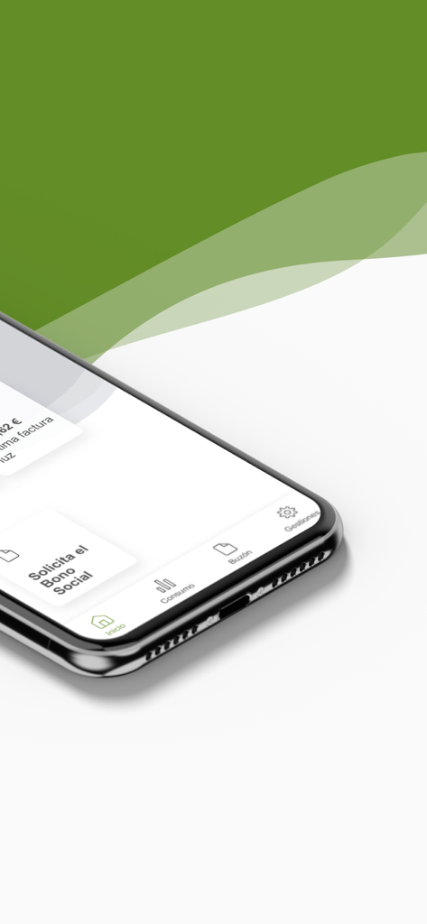 Curenergía - Schermata iniziale dell'app Curenergia su un dispositivo mobile che mostra le funzionalità di gestione dell'energia e le richieste di sconti sociali