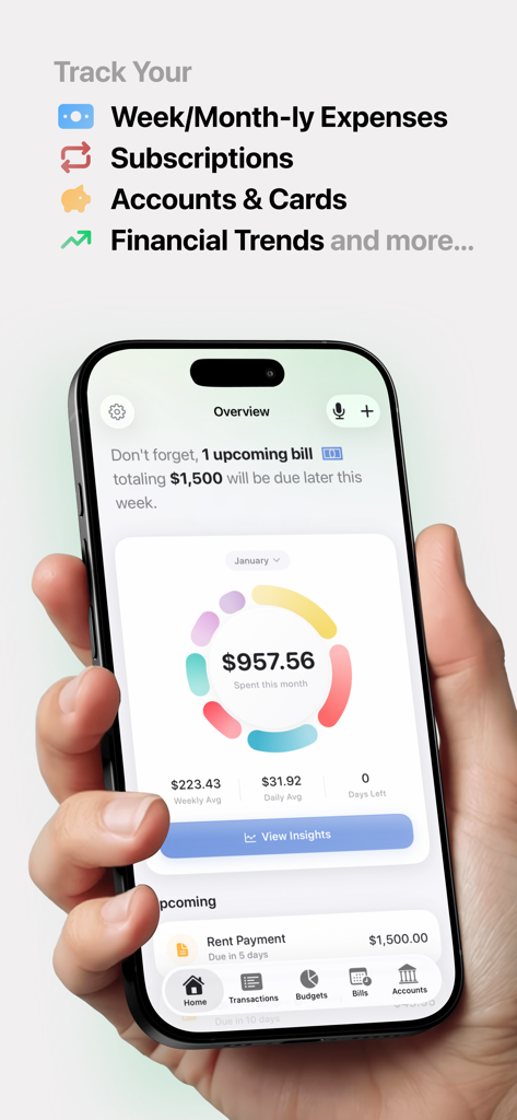Mint: Budget & Expense Tracker - Mint budget app overview screen on iPhone showing monthly spending and upcoming bills