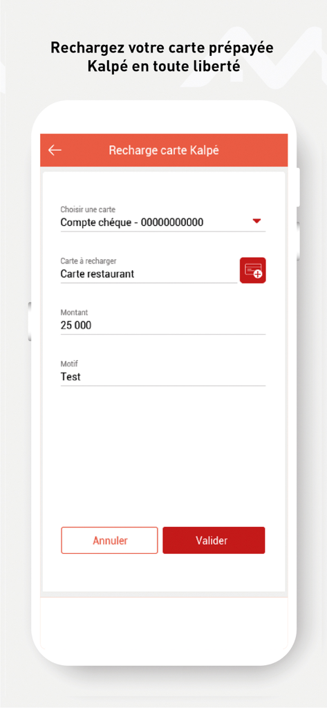 Captura de ecrã da aplicação CBAO Mobile a mostrar o formulário de recarga para um cartão pré-pago Kalpe