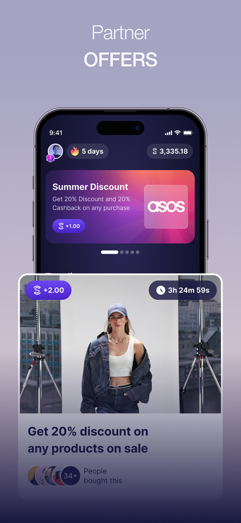 파트너 혜택 및 패션 브랜드 할인을 보여주는 Sweatcoin 마켓플레이스 인터페이스