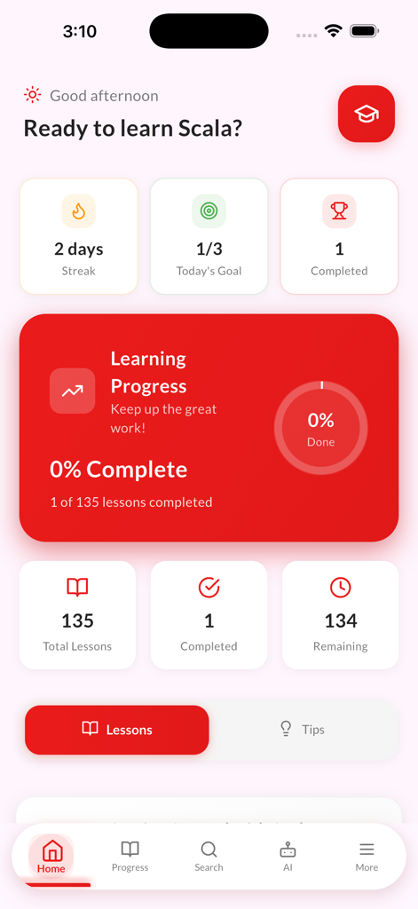 Learn to Code in Scala - AI - Panel de la aplicación de aprendizaje de Scala que muestra rachas de progreso de lecciones y objetivos diarios