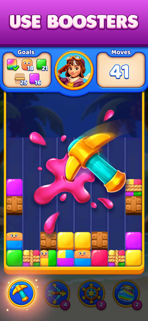 What the Jelly? - Un martillo potenciador rompiendo un bloque de gelatina rosa en un colorido nivel de puzle de combinar de What the Jelly.