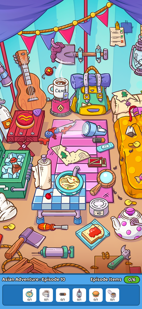 Found It! Hidden Object Game - Una colorida escena de campamento en el juego de objetos ocultos ¡Lo Encontré! con varios objetos por encontrar como una guitarra y una mochila.