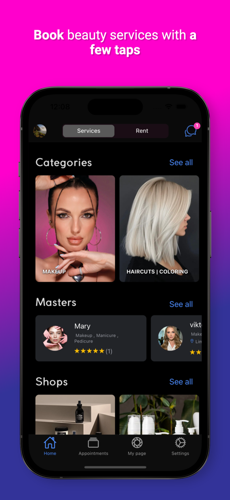 Hey Beauty app interface showing beauty service categories like makeup and haircuts with profiles for independent beauty professionals.