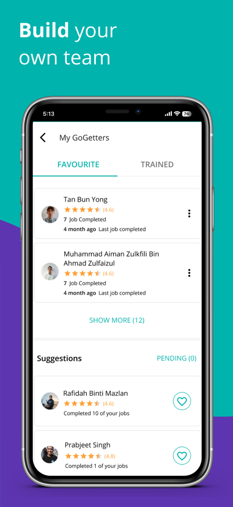 GoGet: Hire on demand - A mobile app interface titled Build your own team displaying a list of favorite and suggested on-demand workers with their star ratings and job history