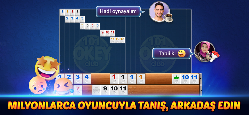 101 Okey Club - Yüzbir Okey - Gameplay screen of 101 Okey Club showing tile arrangements and players interacting through chat bubbles and emojis
