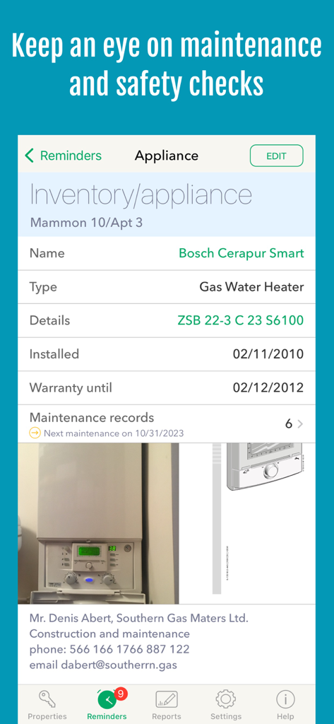 Ein Screenshot der Landlordy App, der Geräte-Wartungsaufzeichnungen und Details zu Sicherheitsüberprüfungen für eine Mietimmobilie zeigt.