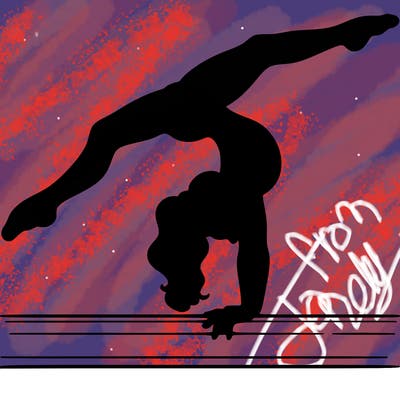 gymnast doing split handstand on a beam