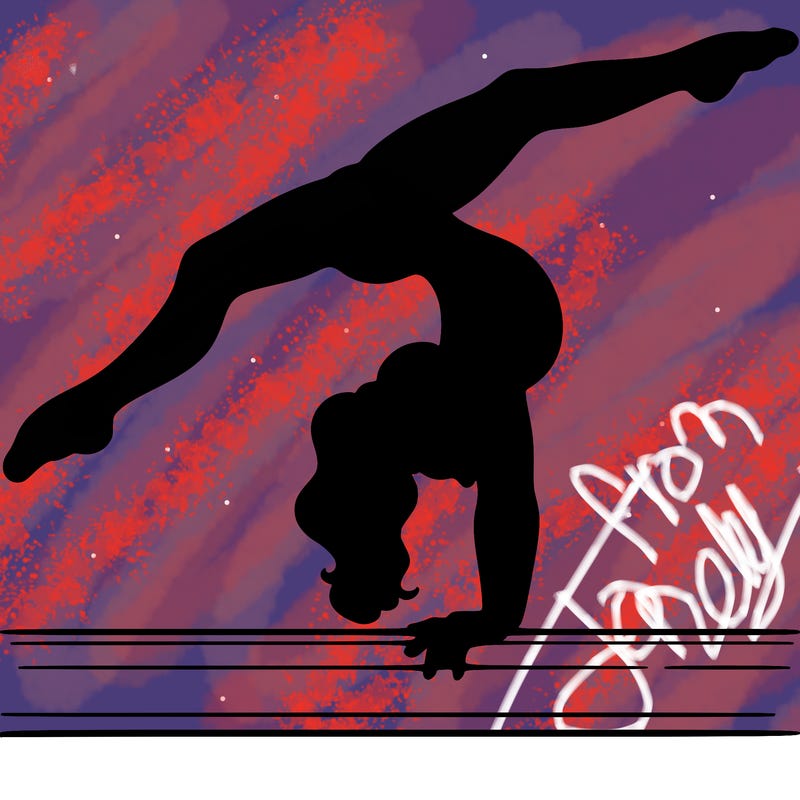 gymnast doing split handstand on a beam