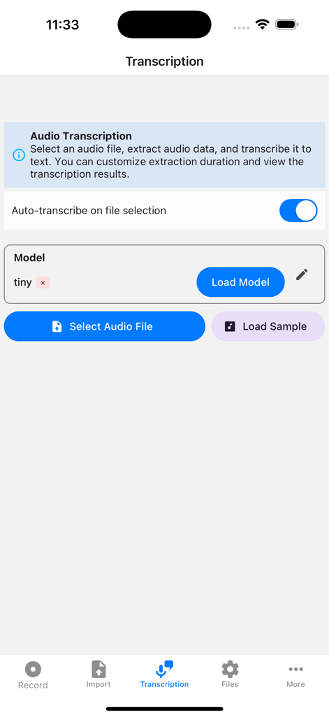 Interface of the Audio Playground app showing the transcription settings with options to load a model and select audio files.