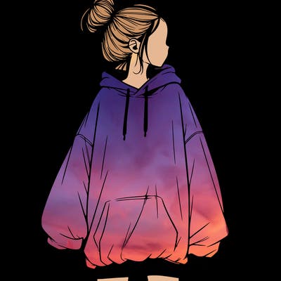 realistic girl with a oversized sweatshirt on and a bun