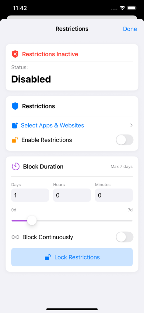 Interfaz de la aplicación Escape Goose que muestra la configuración de restricciones de aplicaciones y la duración del bloqueo con un interruptor para el bloqueo continuo.