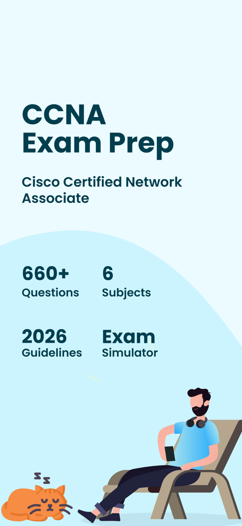 CCNA Practice Tests 2026 - Tela inicial do aplicativo de preparação para o exame CCNA mostrando mais de 660 questões, 6 matérias, diretrizes de 2026 e recursos do simulador de exame