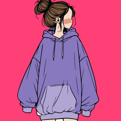 realistic girl with a oversized sweatshirt on and a bun