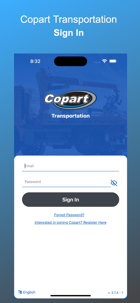 Copart Transportation - Copart Transportation mobile app sign in screen showing login fields for professional tow providers