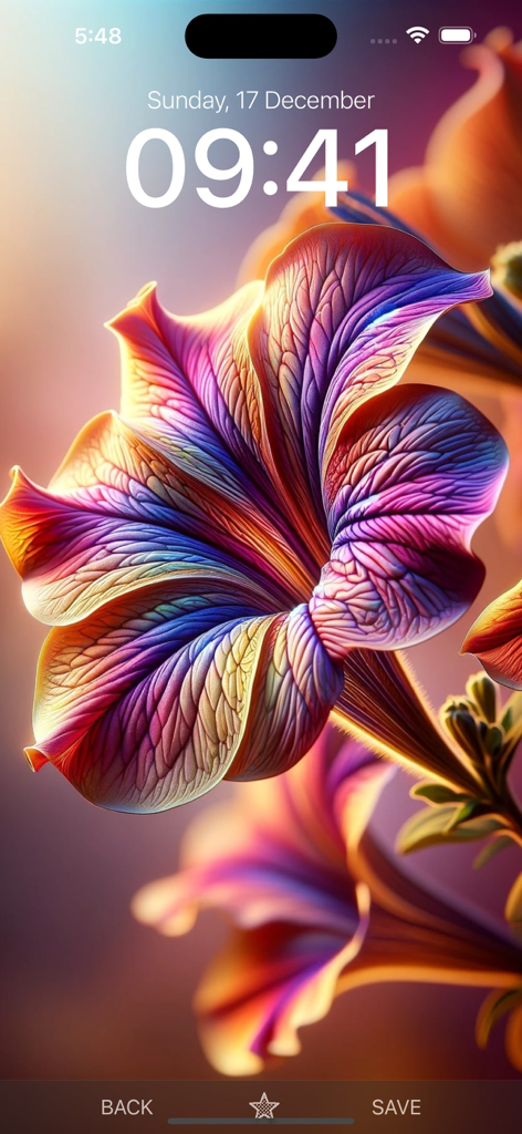 A vibrant multi-colored floral wallpaper shown as an iPhone lock screen background