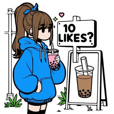 girl with oversized hoodie drinking boba and she has a high ponytail with a sign that says 10likes?
