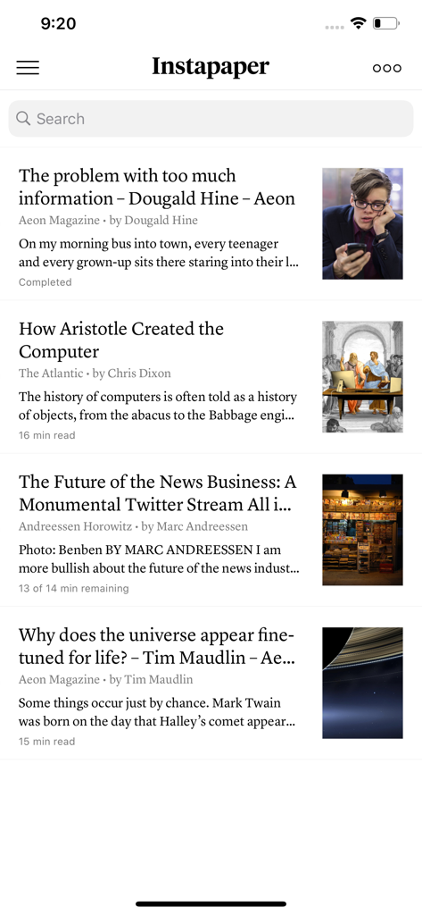 Instapaper mobile app interface showing a list of saved articles with headlines and estimated reading times