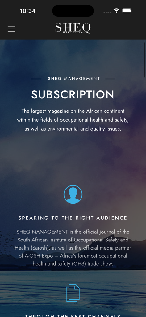 Tela de informações de assinatura do aplicativo Sheq Management para profissionais de saúde e segurança ocupacional.