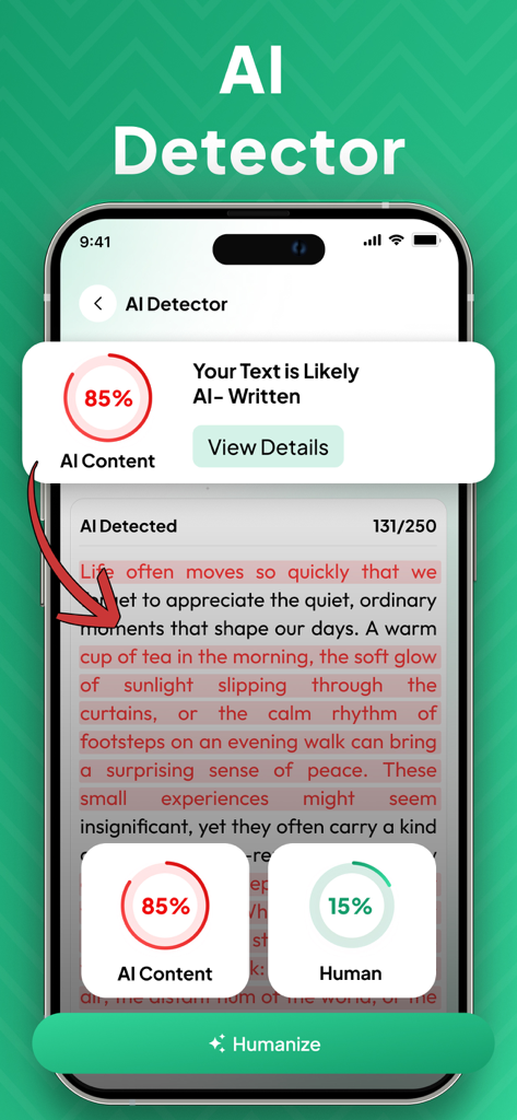 Humanizer - Humanize AI Text - Humanizerアプリのインターフェース。書き込まれたテキストサンプルのAI検出スコアが85パーセントであることを示しています。