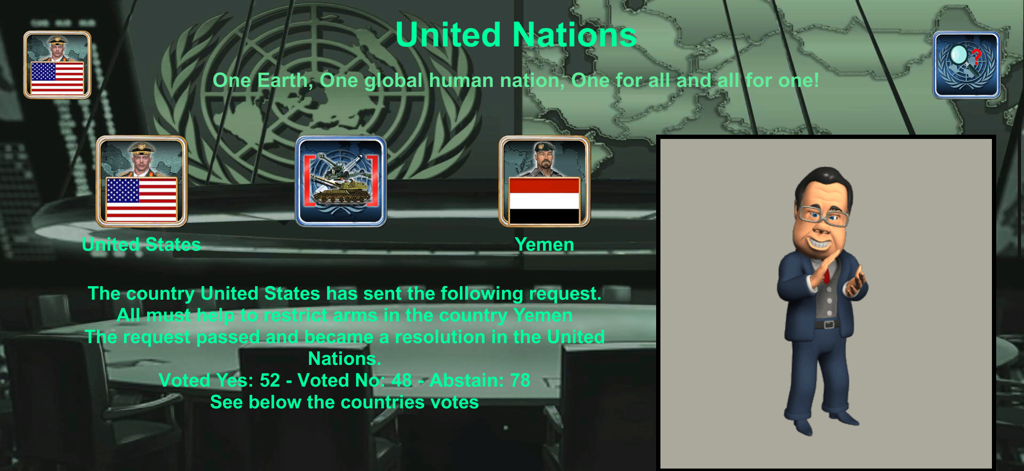 Captura de pantalla del juego World Empire que muestra una votación de resolución de las Naciones Unidas entre Estados Unidos y Yemen con un personaje animado en la pantalla.