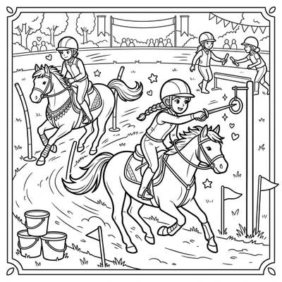 Gallop into action with our exciting Mounted Games Riders coloring page, perfect for young equestrian fans! This dynamic scene captures the thrill of horse riding challenges, encouraging creativity and focus.