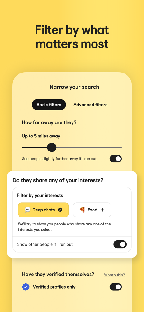 Bumble app screen showing search filters for distance, interests, and verified profiles.