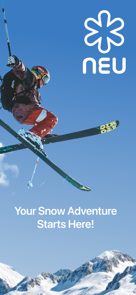 Ski Slopes Maps NEU - Ein Skifahrer macht einen Sprung vor einem blauen Himmel mit verschneiten Bergen und dem NEU App-Logo
