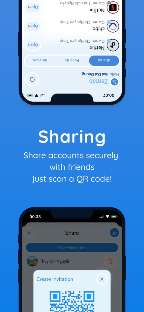 Zentab - Clone App Multi Login - Interfaz de la aplicación Zentab que muestra cómo compartir cuentas de forma segura utilizando una invitación con código QR.