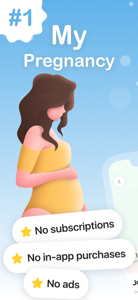 My Pregnancy | Tracker & App - Illustration einer schwangeren Frau, die hervorhebt, dass die App 'Meine Schwangerschaft' kostenlos und ohne Werbung oder Abonnements ist