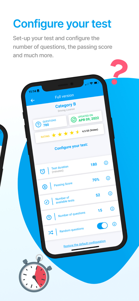 Interfaz de la aplicación móvil Easy Quizzz mostrando opciones de configuración del examen para una licencia de conducir de Categoría B.