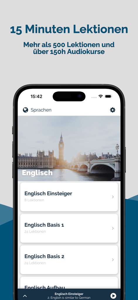 Jicki Sprachen lernen - Jickiアプリ画面、英語のオーディオコースと15分間のレッスンオプションを表示
