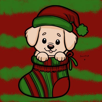 cute puppy wearing santa hat in socking