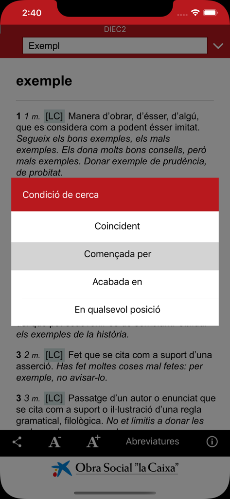 DIEC2 - Screenshot of the DIEC2 Catalan dictionary app showing search condition filters over a word definition