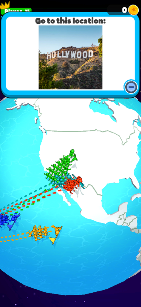 Trivia Planet! - Gameplay screen of Trivia Planet geography quiz featuring the Hollywood sign and a map of the USA
